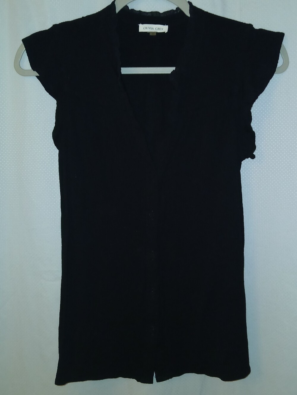 Olivia Grey Black V-Neck Sleeveless Top w/ Ruffled Sleeves, Size S Women's